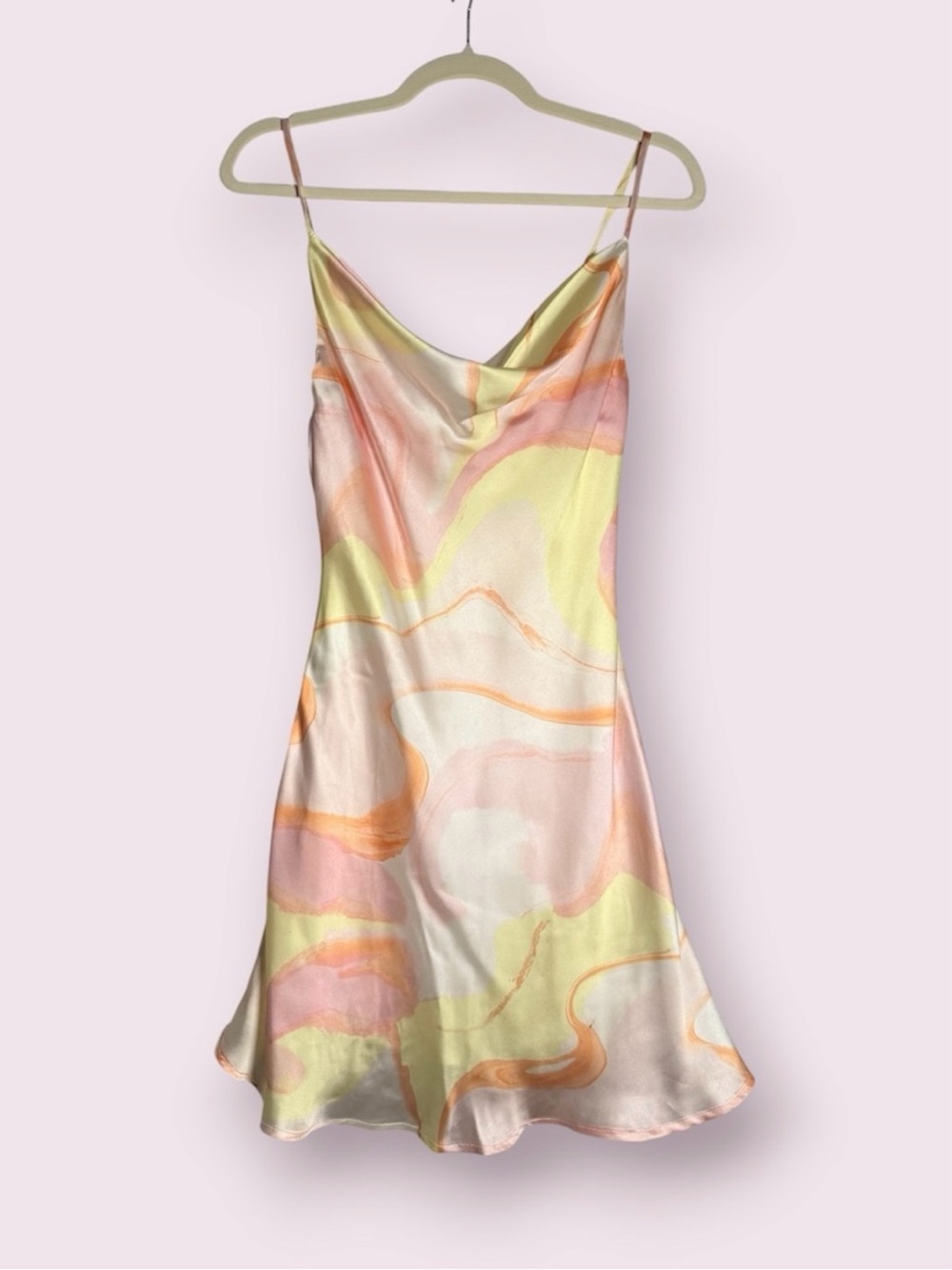 Olia Orange Pink Yellow Swirl Cowl Neck Satin Mini Dress Size XS